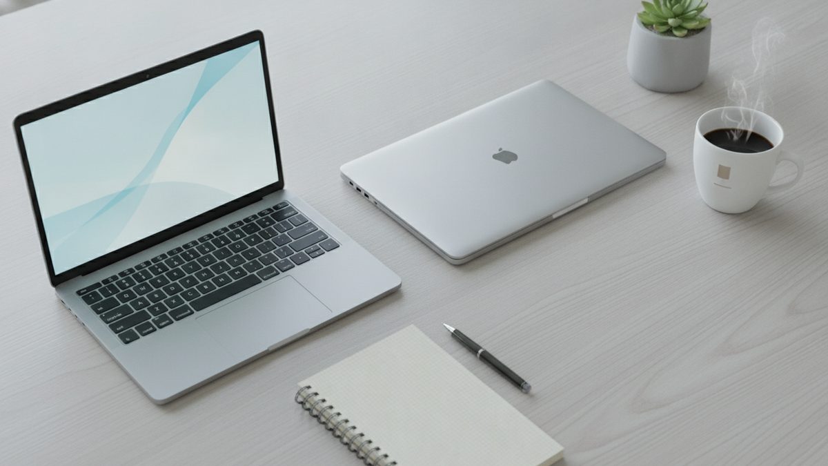 A row of affordable laptops open on a desk