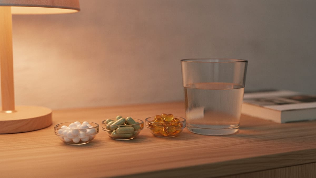 A selection of natural sleep supplement capsules and a glass of water on a bedside table