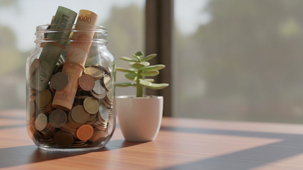 A jar of cash on a kitchen table next to a notebook and calculator