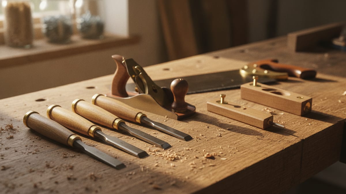 A set of hand tools laid out on a wooden workbench in a home workshop
