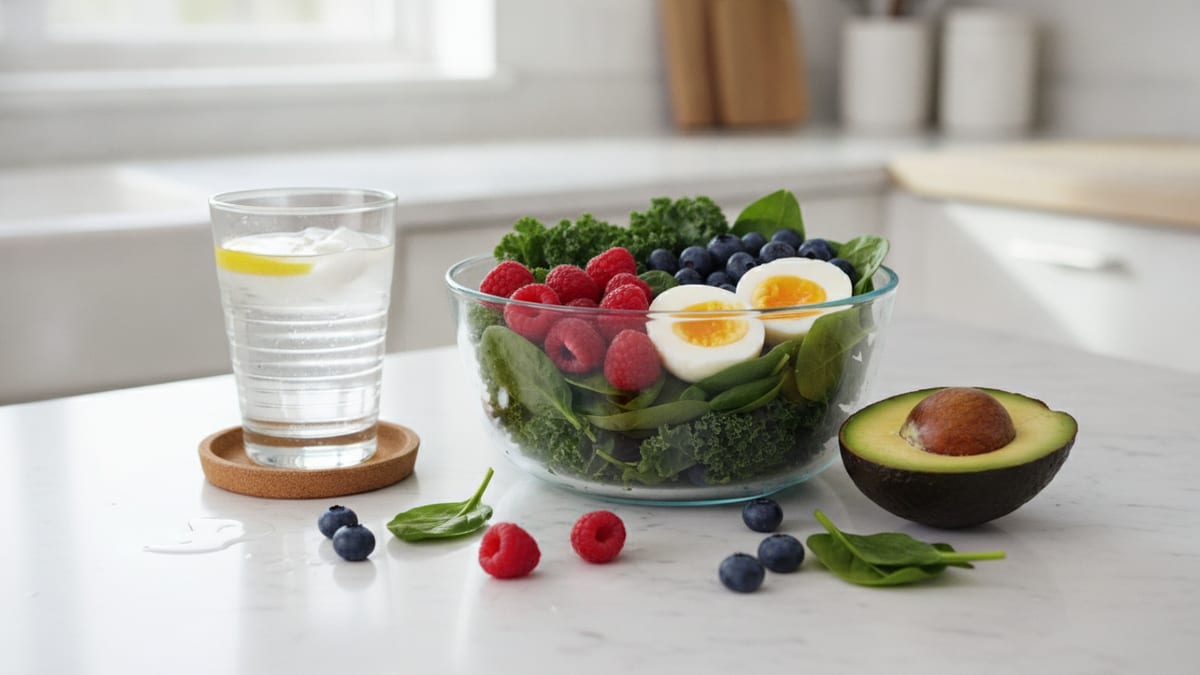 A bowl of colourful whole-food ingredients on a kitchen counter next to a glass of water