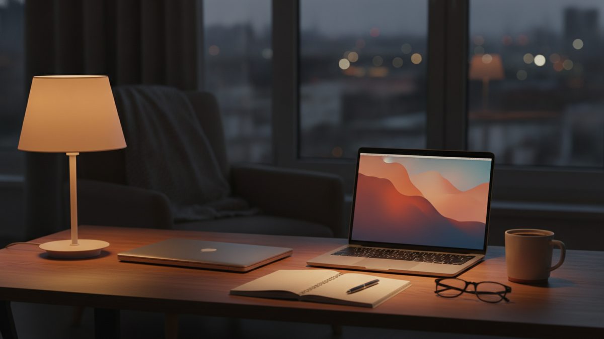 A laptop and notebook on a desk lit by a small lamp late in the evening