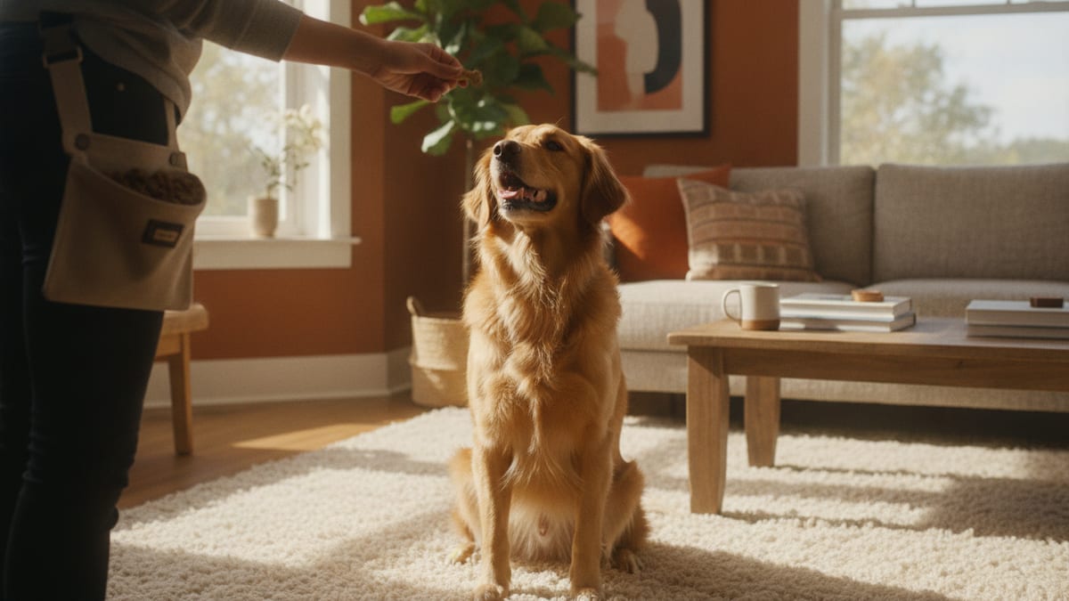 A dog sitting attentively in a living room, looking up at its owner during a training session