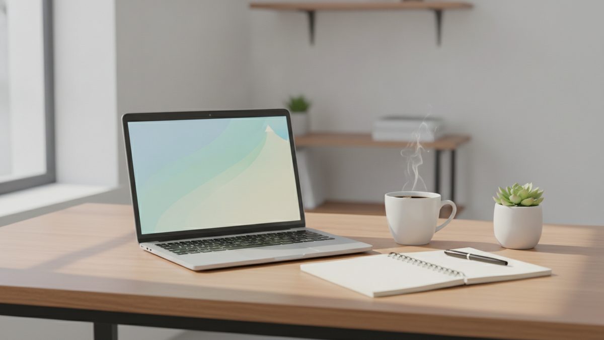 A laptop showing a simple rising line chart next to a cup of coffee