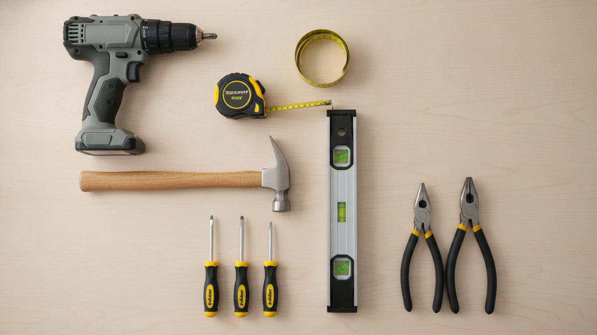A small set of essential hand tools laid out on a workbench